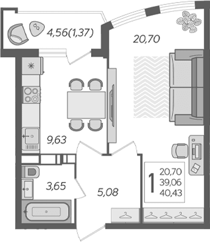Продается 1-комн. квартира, 41.76 м² — фото 2