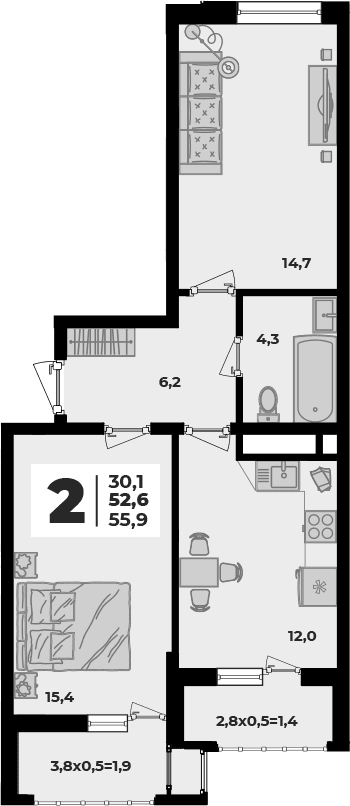 Продается 2-комн. квартира, 52.6 м² — фото 2