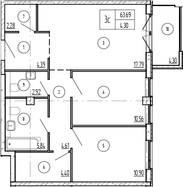 Продается 2-комн. квартира, 63.69 м²