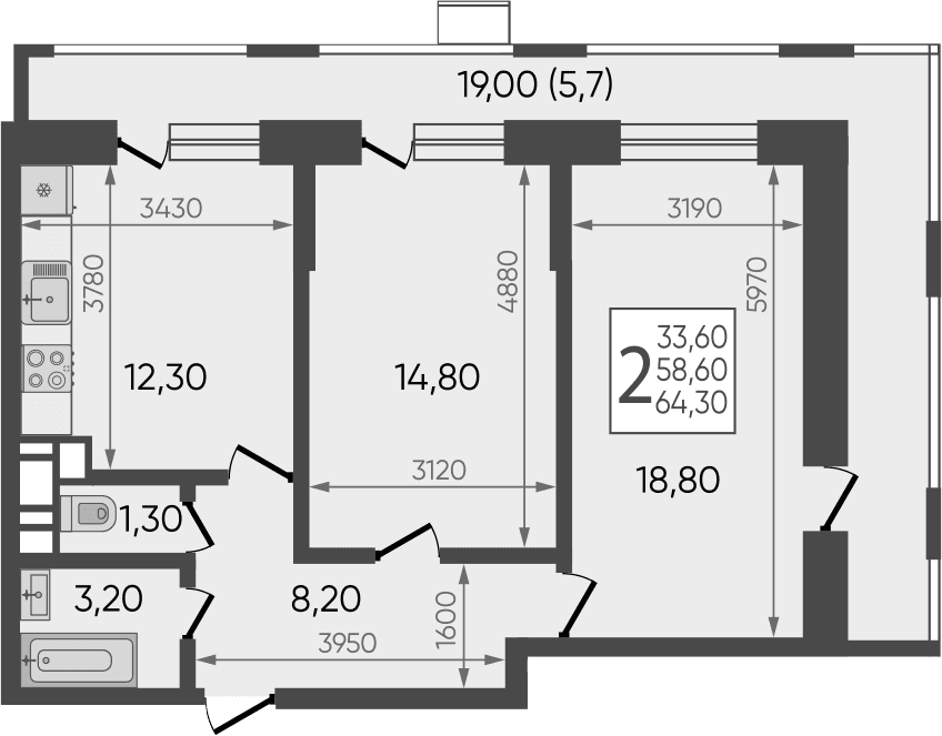 Продается 2-комн. квартира, 59.7 м²
