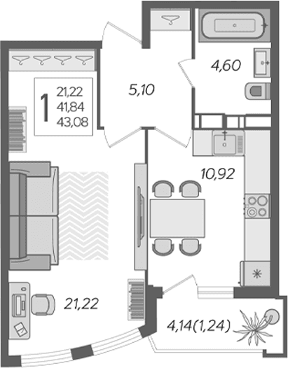 Продается 1-комн. квартира, 44.47 м² — фото 2