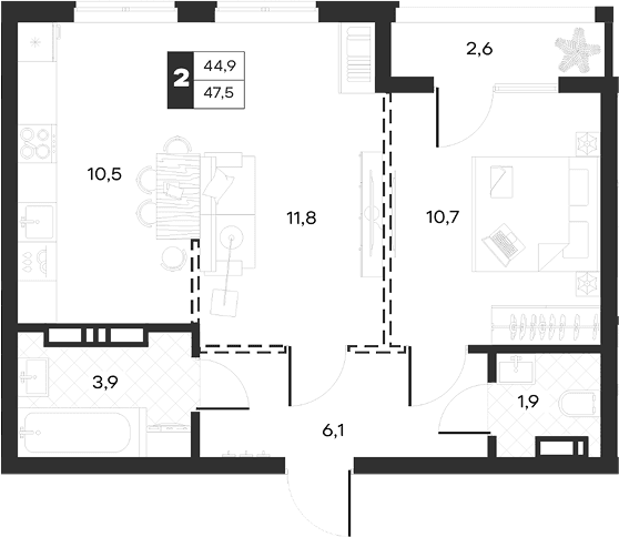 Продается 2-комн. квартира, 44.89 м²