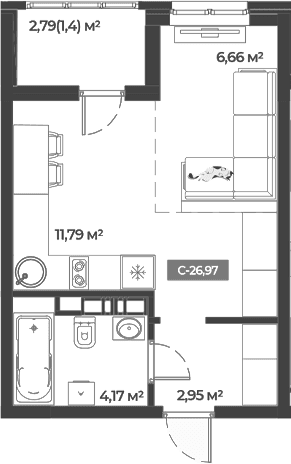 Продается 1-комн. квартира, 25.57 м²