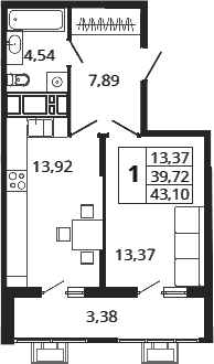 Продается 1-комн. квартира, 39.72 м²