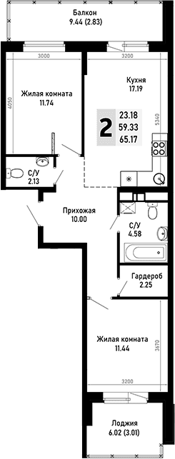 Продается 2-комн. квартира, 59.33 м²