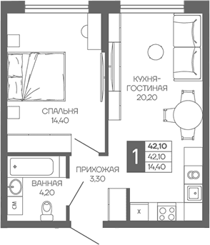 Продается 1-комн. квартира, 42.1 м²