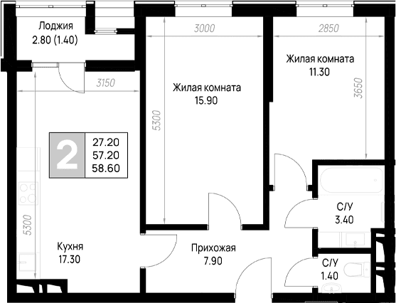 Продается 2-комн. квартира, 57.2 м²