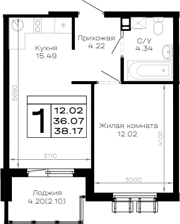 Продается 1-комн. квартира, 36.07 м²