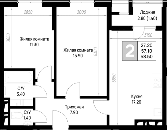Продается 2-комн. квартира, 57.2 м²