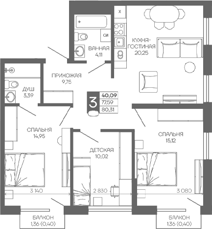 Продается 3-комн. квартира, 77.59 м²