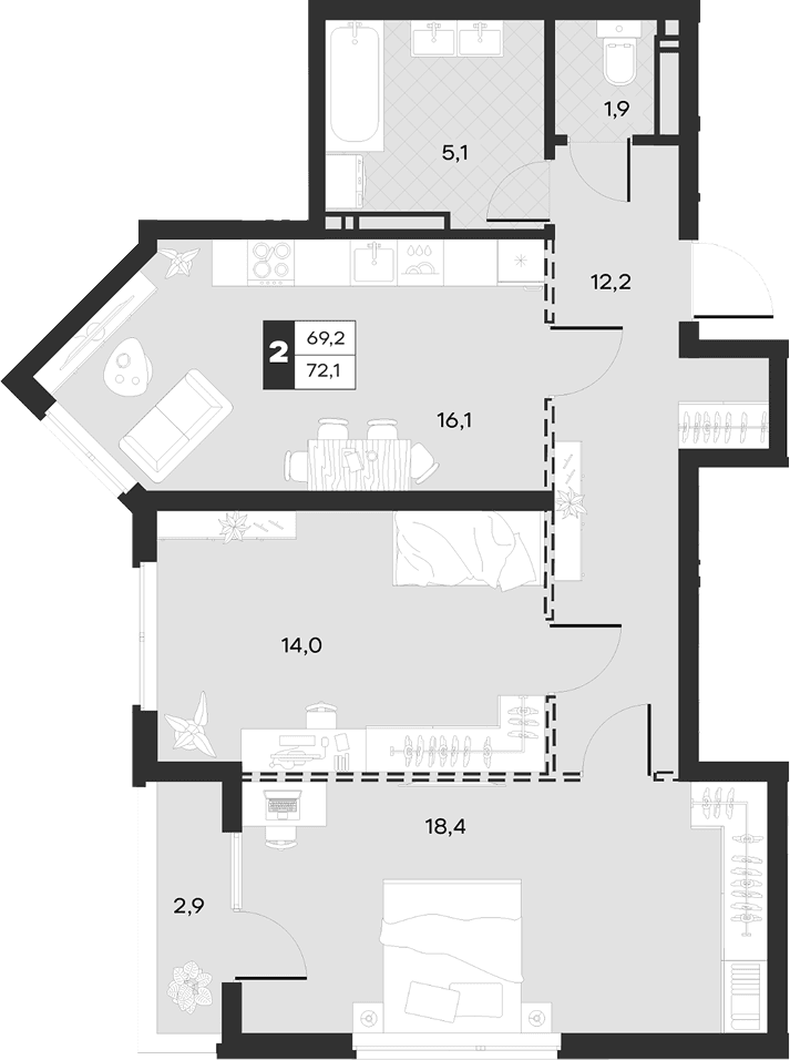 Продается 2-комн. квартира, 67.66 м²