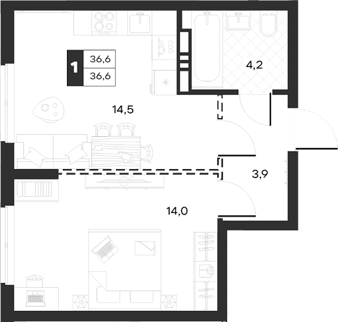 Продается 1-комн. квартира, 36.63 м²