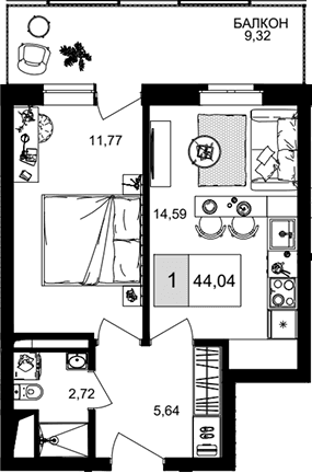 Продается 1-комн. квартира, 34.72 м²
