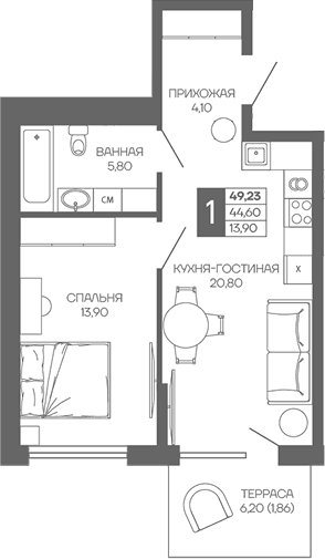 Продается 1-комн. квартира, 44.6 м²