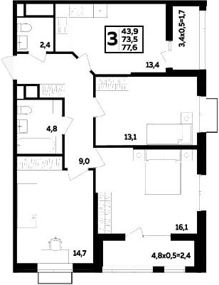Продается 3-комн. квартира, 73.5 м²