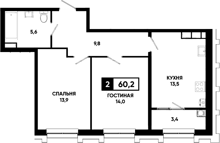 Продается 2-комн. квартира, 56.8 м²