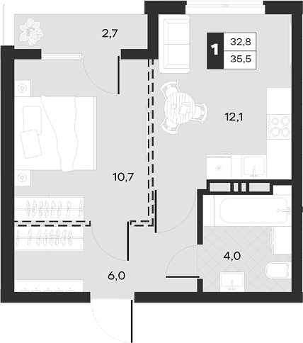 Продается 1-комн. квартира, 32.8 м²