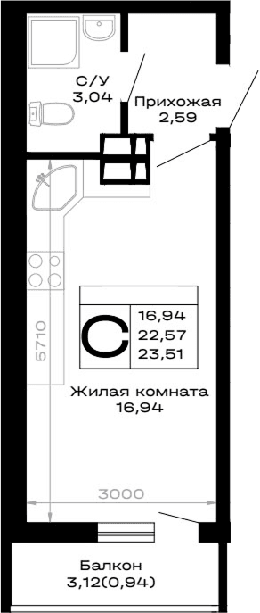 Продается 1-комн. квартира, 22.57 м²