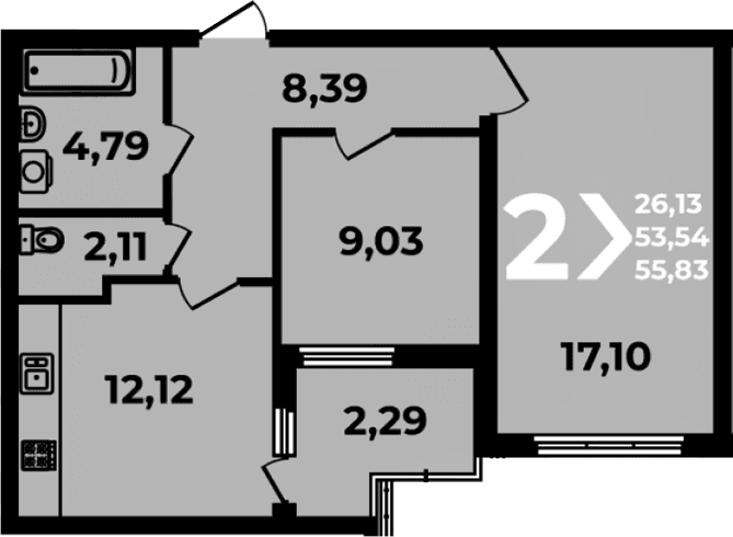 Продается 2-комн. квартира, 53.54 м²