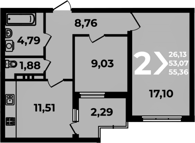 Продается 2-комн. квартира, 53.07 м²