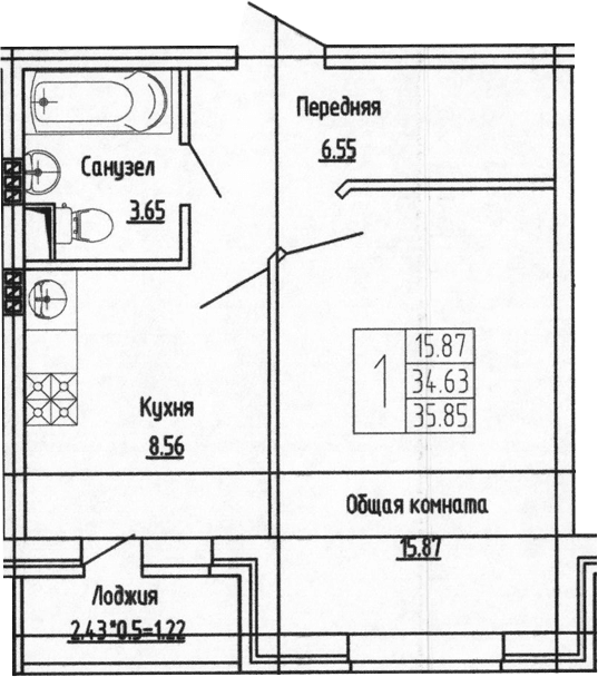 Продается 1-комн. квартира, 34.63 м² — фото 2