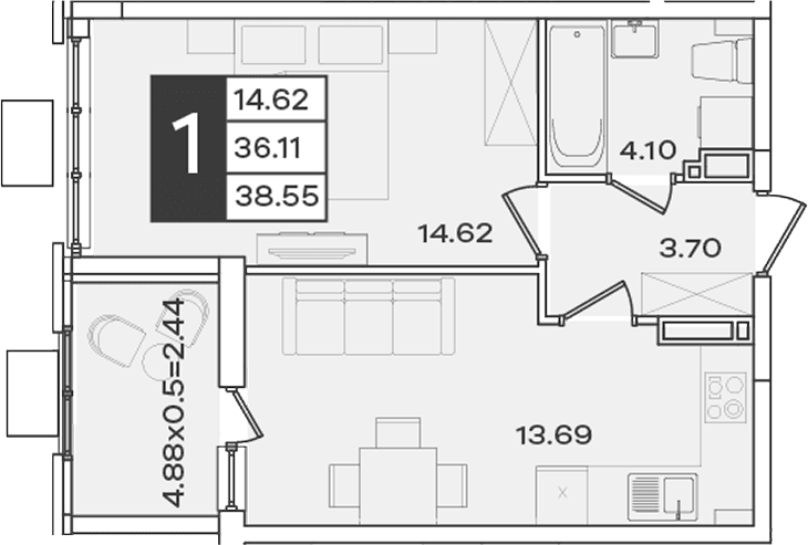 Продается 1-комн. квартира, 36.11 м²