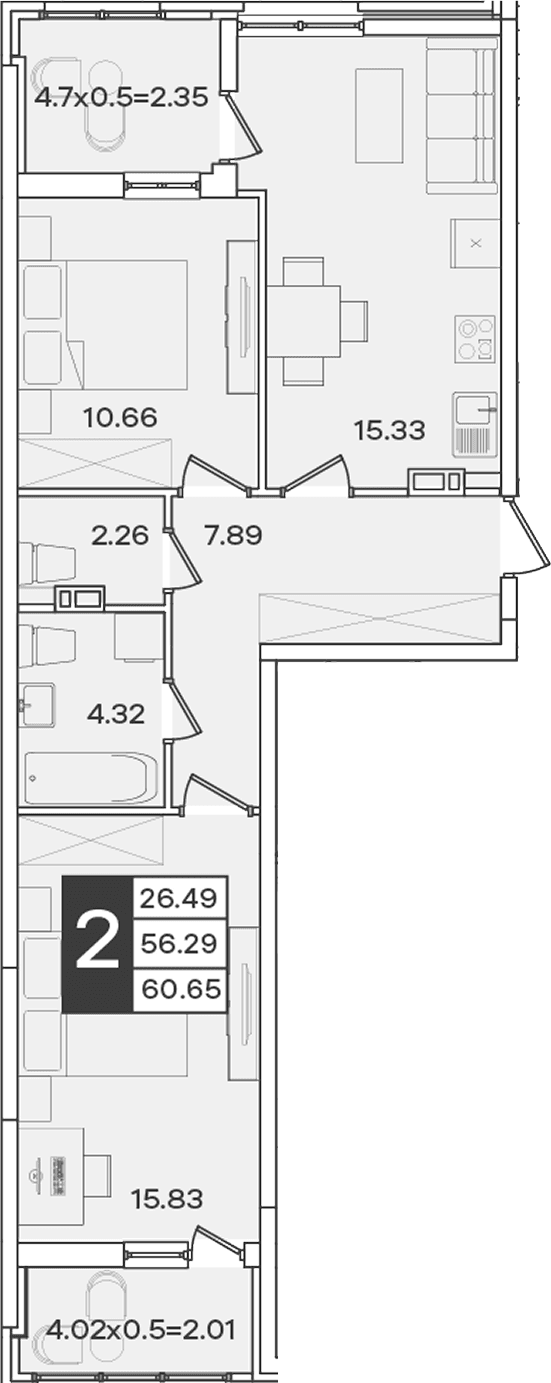 Продается 2-комн. квартира, 56.29 м²
