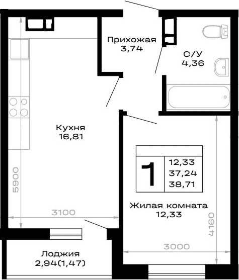 Продается 1-комн. квартира, 37.24 м²