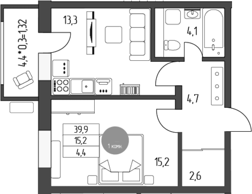 Продается 1-комн. квартира, 39.9 м² — фото 2