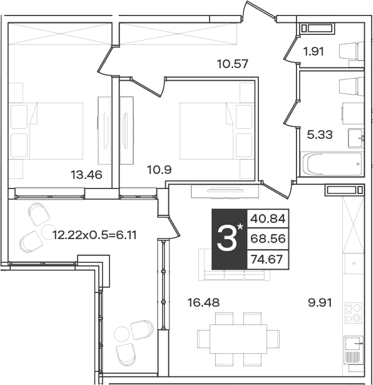 Продается 3-комн. квартира, 68.56 м²